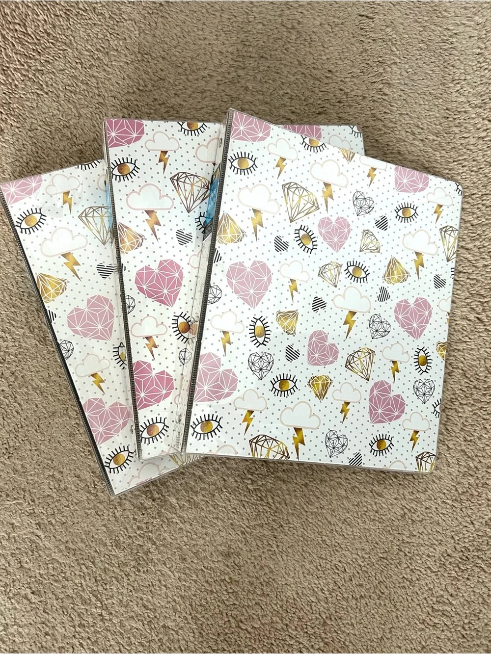 NEW Decorative Pink & Gold Heart Pattern 3-Ring 1” Binders - Pack of 3
